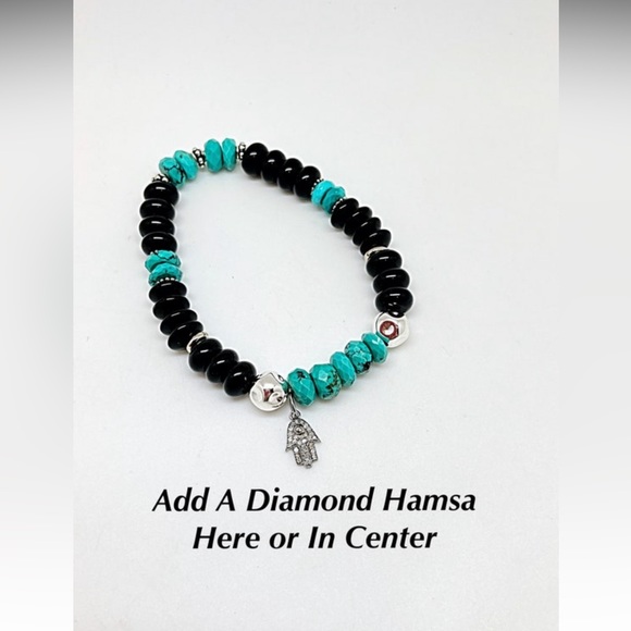 Unisex Turquoise & Black Onyx Bracelet & Earrings, Sterling Silver, NWT, 6.5”-9” - Picture 5 of 9